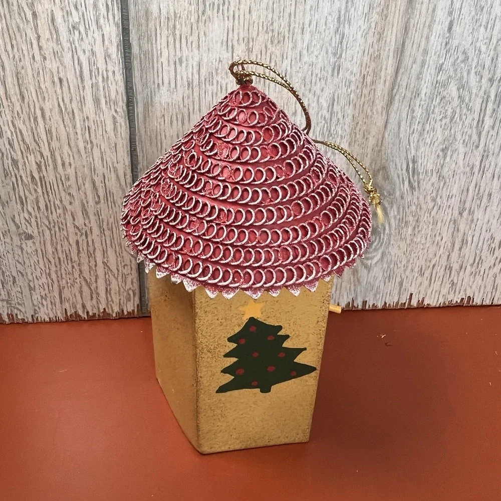 Painted Tin Birdhouse Red Roof Teddy Bear Tree Rustic Hanger Christmas‎ Ornament